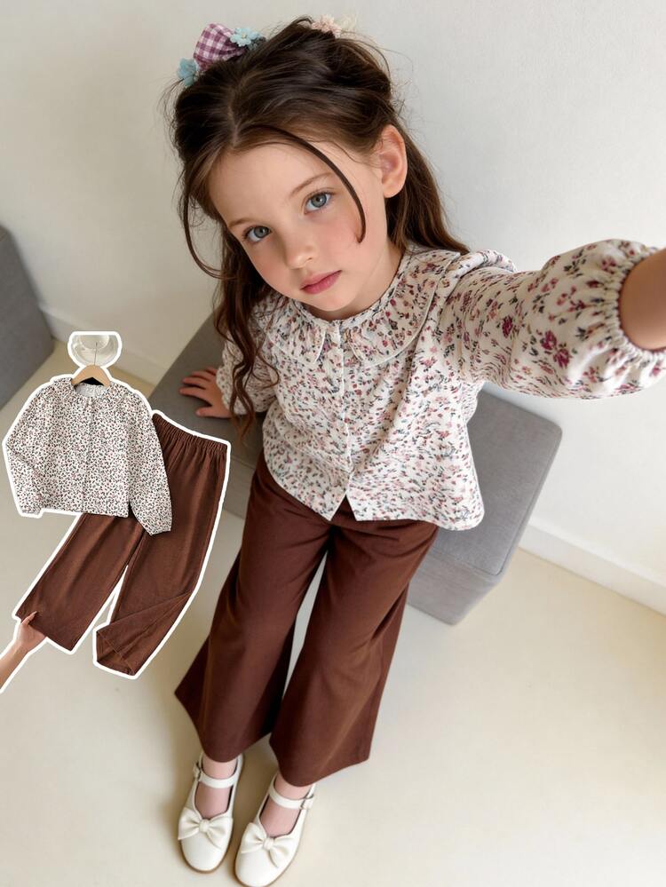 Vintaside Kids Tween Girls' Autumn Long Sleeve Collared Fresh Elegant Casual Digital Print Shirt And Versatile Casual Minimalist Long Pants Set, Suitable For Cool Weather, Outdoor Activities, Camping, Vacation, Daily Outings, Park Walks - Brown - View 5