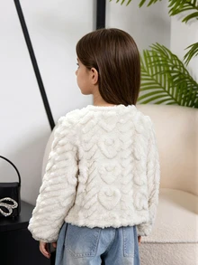 SHEIN Elladie kids Young Girl Solid Color Long Sleeve Loose Open Front Fleece Jacket Autumn Fall - White - View 6