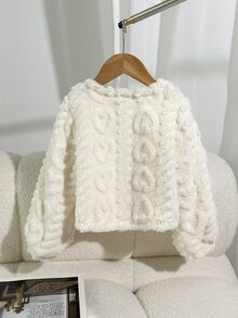 SHEIN Elladie kids Young Girl Solid Color Long Sleeve Loose Open Front Fleece Jacket Autumn Fall - White - View 2