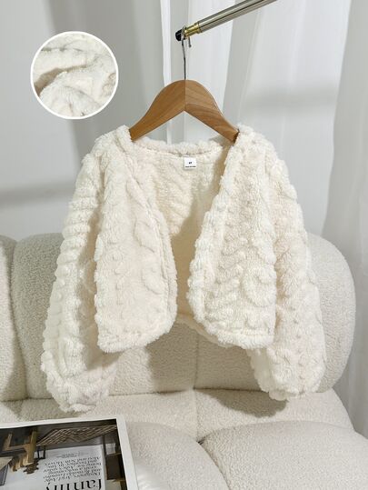 Young Girl Solid Color Long Sleeve Loose Open Front Fleece Jacket Autumn Fall