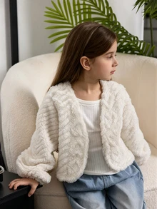 SHEIN Elladie kids Young Girl Solid Color Long Sleeve Loose Open Front Fleece Jacket Autumn Fall - White - View 3