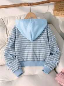 女童秋冬條紋連帽夾克，海軍藍橫條紋布料，拉鍊開合，蝴蝶結裝飾，羅紋下擺，職業日校園可愛風 - 藍色 - 查看 2
