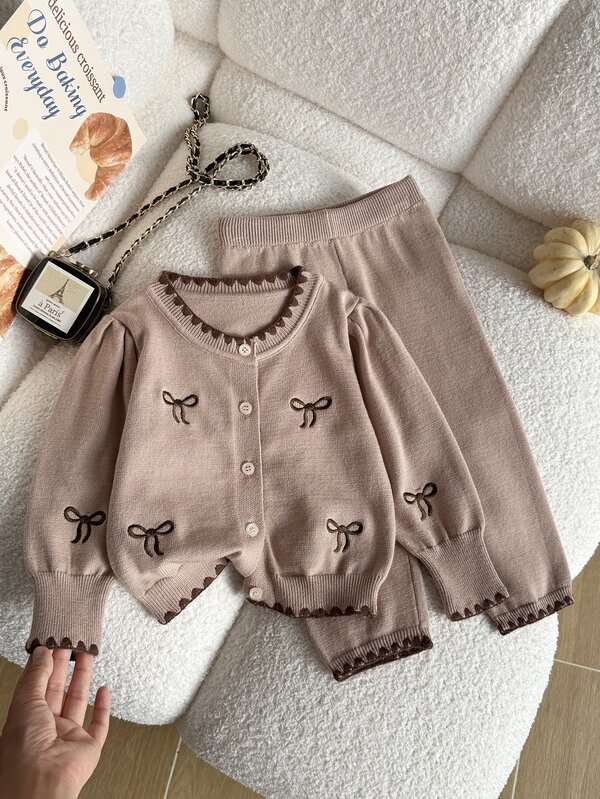 Souflis 6-9 Months Baby Girl Warm Clothing, Baby Girl Winter Warm Knitted 2 Pieces Set, Cute Bow Sweater And Pleated Skirt Set, Comfortable Soft Skin-Friendly