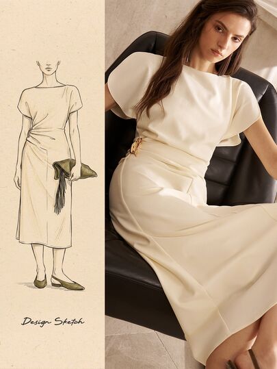MOTF PREMIUM WOMEN'S APRICOT METAL DETAIL RUCHED WAIST DRESS, ELEGANT COMMUTER STYLE FOR EARLY AUTUMN
