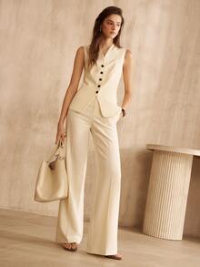 MOTF PREMIUM WOMEN'S FASHION OFFICE COMMUTE MINIMALIST APRICOT SINGLE-BREASTED WAISTCOAT - Apricot - View 7