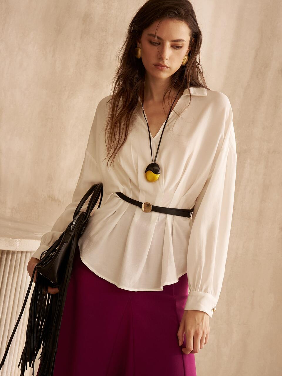 MOTF WOMEN'S V-COLLAR WAIST-CINCHING DROP SHOULDER BLOUSE WITHOUT BELT