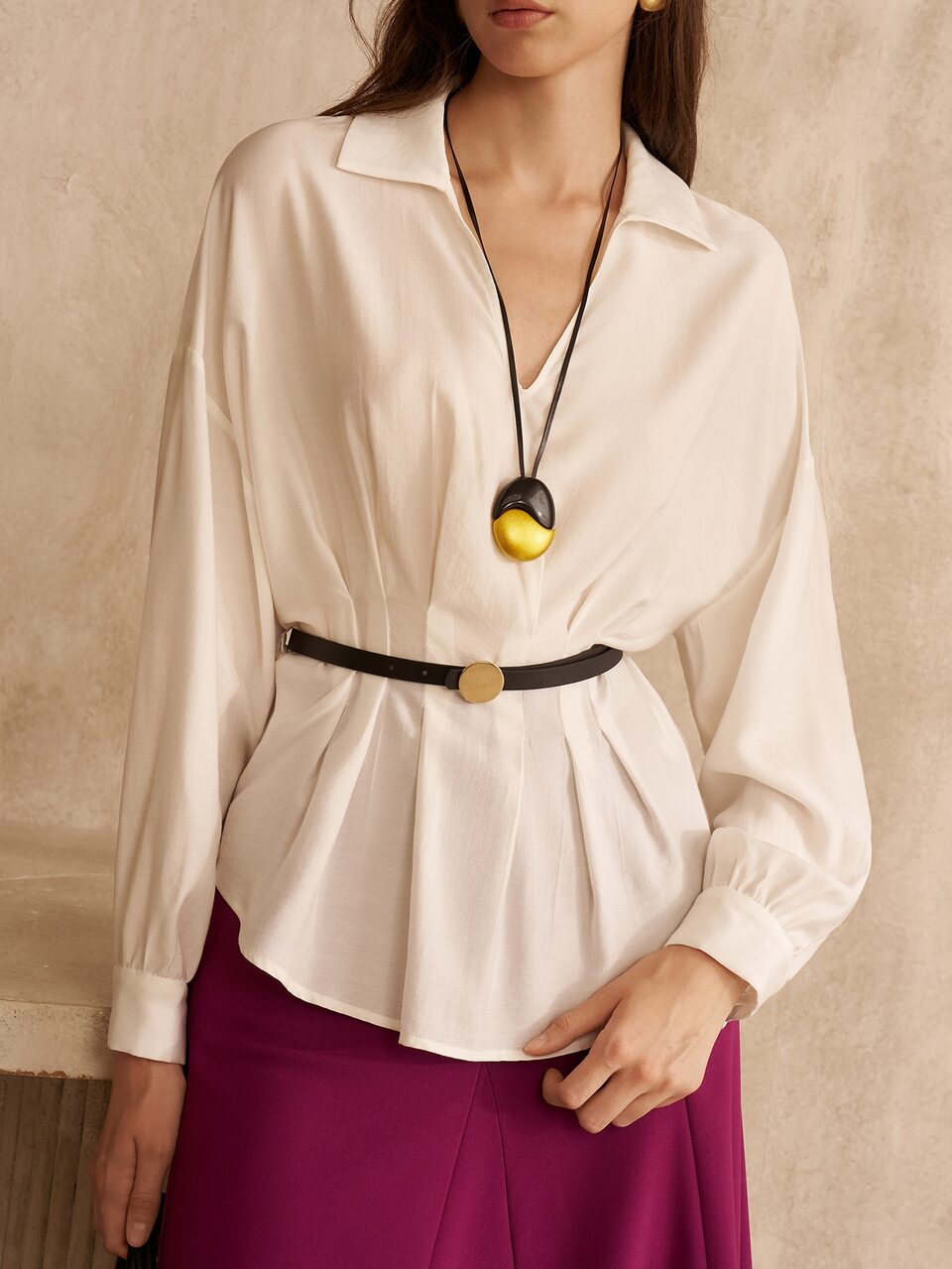 MOTF WOMEN'S V-COLLAR WAIST-CINCHING DROP SHOULDER BLOUSE WITHOUT BELT