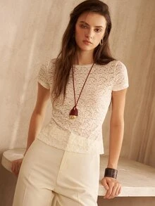 MOTF PREMIUM WOMEN'S WHITE LACE FITTED T-SHIRT, FASHIONABLE COMMUTER STYLE, AUTUMN/WINTER - White - View 7