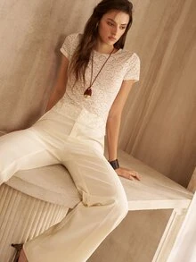 MOTF PREMIUM WOMEN'S WHITE LACE FITTED T-SHIRT, FASHIONABLE COMMUTER STYLE, AUTUMN/WINTER - White - View 8
