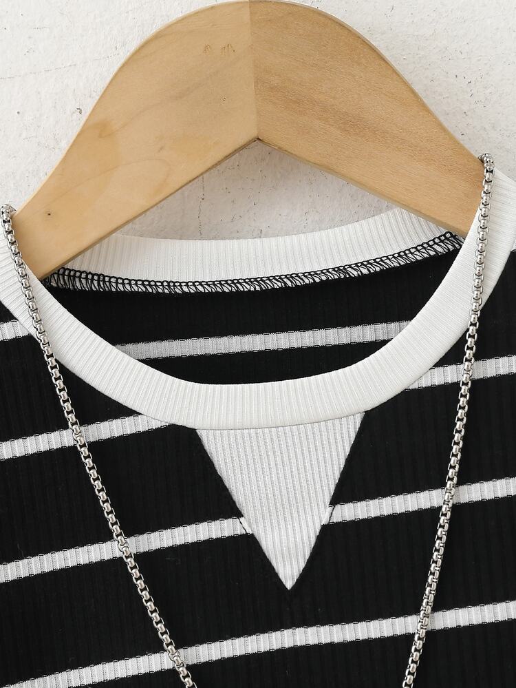 SHEIN Young Boy Colorblock T-Shirt, Comfortable Casual Fashion Versatile Street Sports Birthday Outdoor Party Back To School Season White Autumn - Black and White - View 5