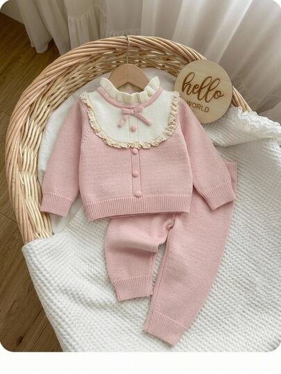 SHEIN Baby Girls Sweater Co-Ords 2-Piece Set, French Lace Pullover Top With Handmade Bow, Cute Elegant Pink Lady Sweet Knit Pants, Comfortable Soft Suitable