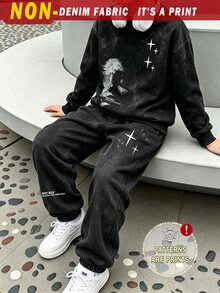 青少年男孩牛仔印花圖案衛衣與慢跑褲套裝，街頭風 2 件套服裝，星星印花、字母細節、落肩套頭衫與彈性腰 - 彩色 - 查看 4