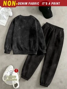 青少年男孩牛仔印花圖案衛衣與慢跑褲套裝，街頭風 2 件套服裝，星星印花、字母細節、落肩套頭衫與彈性腰 - 彩色 - 查看 3
