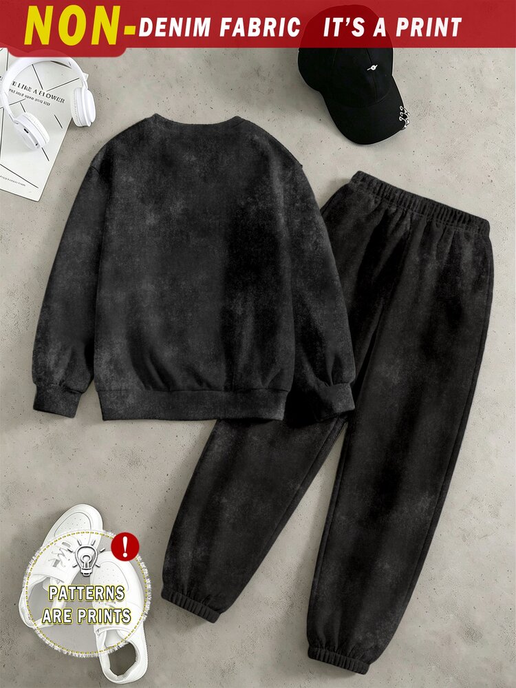 Tween Boys Denim Print Graphic Sweatshirt & Jogger Pants Set, Streetwear 2 Piece Outfit With Star Print, Letter Detail, Drop Shoulder Pullover And Ela - Multicolor - View 3