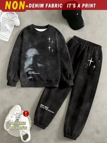 青少年男孩牛仔印花圖案衛衣與慢跑褲套裝，街頭風 2 件套服裝，星星印花、字母細節、落肩套頭衫與彈性腰 - 彩色 - 查看 2