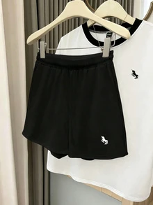 EMERY ROSE 女款黑白兩件套夏季休閒健身時尚刺繡對比條紋圓領寬鬆T恤與高腰抽繩短褲 - 彩色 - 查看 3