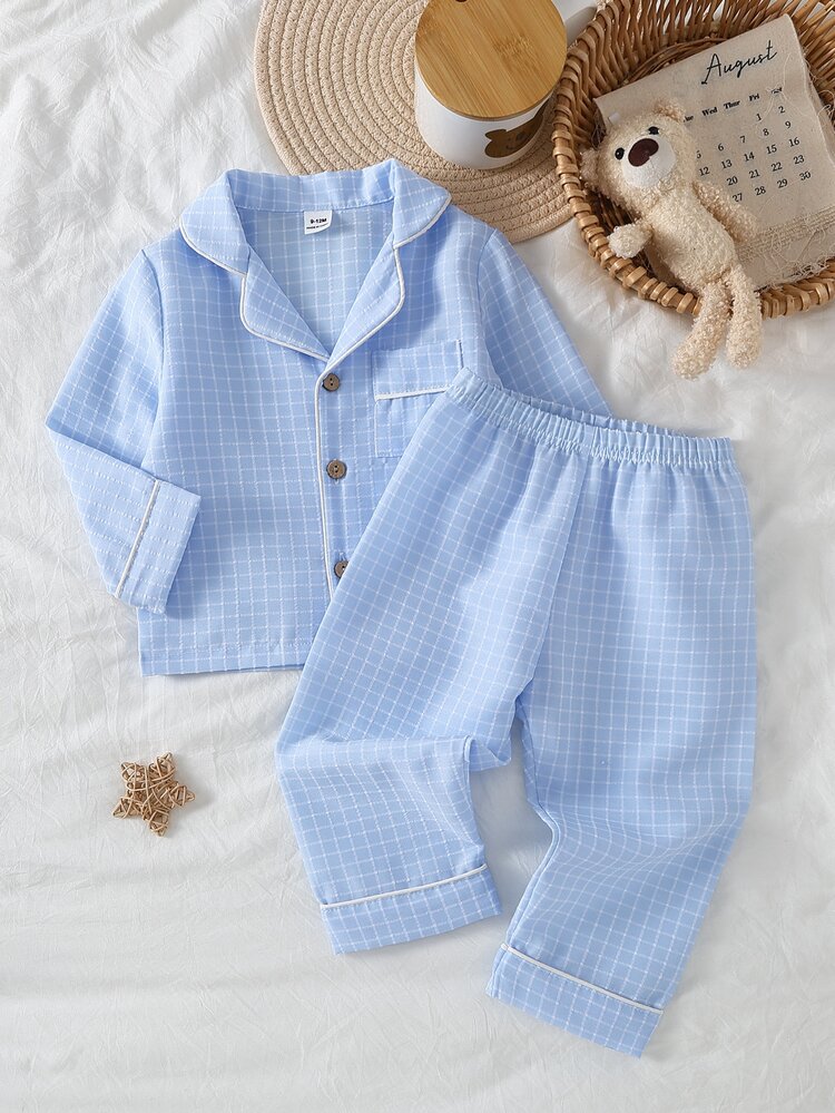 SHEIN Baby Boy Blue & White Small Plaid Wooden Button Lapel Front Opening Long Sleeve Pants 2 Pieces Comfortable Loungewear Set - Blue and White - View 1