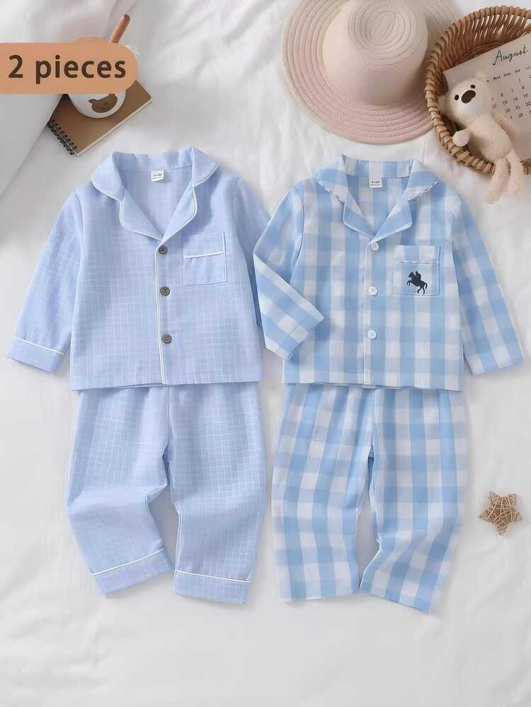 SHEIN Baby Boy Blue & White Small Plaid Wooden Button Lapel Front Opening Long Sleeve Pants 2 Pieces Comfortable Loungewear Set - Blue and White - View 7