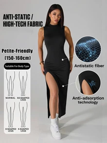 SHEIN PETITE 女款優雅性感休閒開衩洋裝，防靜電輕盈夏季穿著，黑色夜店風 - 黑色 - 查看 1