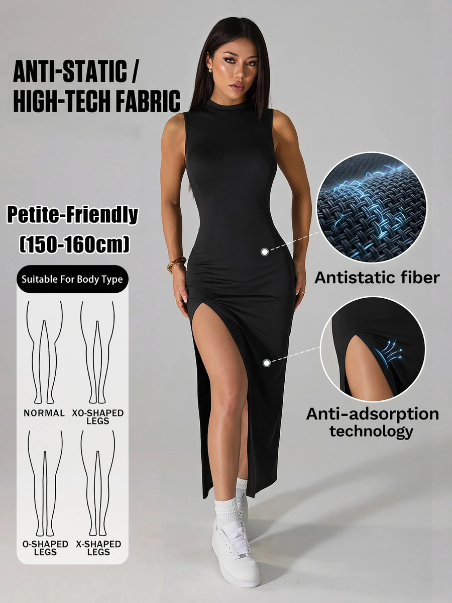 SHEIN PETITE 女款優雅性感休閒開衩洋裝,防靜電輕盈夏季穿著,黑色夜店風 - 黑色 - 查看 1
