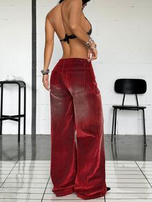 Jeanoix 女款休閒百搭日常牛仔褲，附口袋與鈕扣設計 - 紅色 - 查看 6