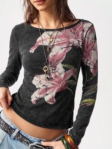 Bohemela Kaos Kasual Wanita Motif Bunga dengan Efek Cuci - Hitam - View 5