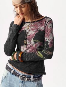 Bohemela Kaos Kasual Wanita Motif Bunga dengan Efek Cuci - Hitam - View 1