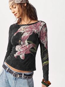 Bohemela Kaos Kasual Wanita Motif Bunga dengan Efek Cuci - Hitam - View 3
