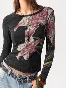 Bohemela Kaos Kasual Wanita Motif Bunga dengan Efek Cuci - Hitam - View 4