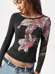 Bohemela Kaos Kasual Wanita Motif Bunga dengan Efek Cuci - Hitam - View 7