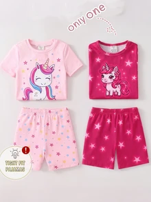 SHEIN 女童幼兒可愛卡通恐龍印花修身圓領T恤與短褲休閒公主居家服，粉色夏季貼身款，適合嬰兒洗禮與生日 - 粉色 - 查看 7