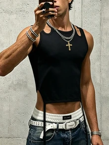 Manfinity Dauomo Tank Top Kasual Pendek Gaya Streetwear Desainer Pria untuk Festival Musik - Hitam - View 1
