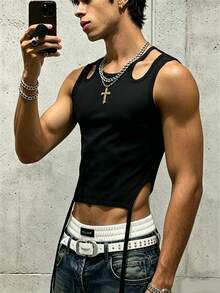 Manfinity Dauomo Tank Top Kasual Pendek Gaya Streetwear Desainer Pria untuk Festival Musik - Hitam - View 5