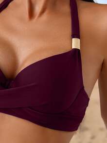 SHEIN Swim 女款 1 件式掛脖繫帶純色金屬裝飾海灘休閒性感度假泳衣上衣 奶油黃 夏季 - 酒紅色 - 查看 4