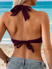 SHEIN Swim 女款 1 件式掛脖繫帶純色金屬裝飾海灘休閒性感度假泳衣上衣 奶油黃 夏季 - 酒紅色 - 查看 2