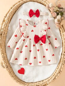 SHEIN 0-9個月女嬰洋裝，杏色愛心印花可愛生日風，春秋穿著套裝，柔軟圓領 - 彩色 - 查看 4