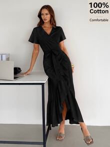 Siren Gaze Versatile Ruffle Wrap Linen Dress, Summer Casual - Black - View 3