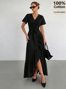 Siren Gaze Versatile Ruffle Wrap Linen Dress, Summer Casual - Black - View 7