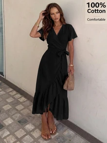 Siren Gaze Versatile Ruffle Wrap Linen Dress, Summer Casual - Black - View 1