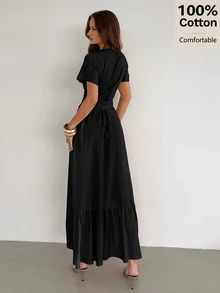 Siren Gaze Versatile Ruffle Wrap Linen Dress, Summer Casual - Black - View 2