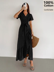 Siren Gaze Versatile Ruffle Wrap Linen Dress, Summer Casual - Black - View 5