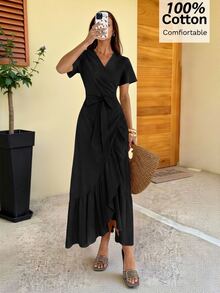 Siren Gaze Versatile Ruffle Wrap Linen Dress, Summer Casual - Black - View 9