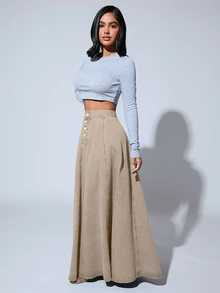 SHEIN SXY Solid Color Front Button Closure Elegant Work Wear Long Denim A-Line Skirt - Apricot - View 6