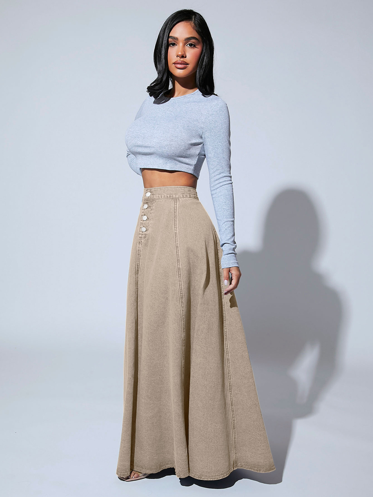SHEIN SXY Solid Color Front Button Closure Elegant Work Wear Long Denim A-Line Skirt - Apricot - View 6