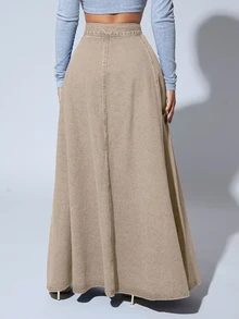 SHEIN SXY Solid Color Front Button Closure Elegant Work Wear Long Denim A-Line Skirt - Apricot - View 4