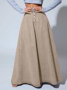 SHEIN SXY Solid Color Front Button Closure Elegant Work Wear Long Denim A-Line Skirt - Apricot - View 3
