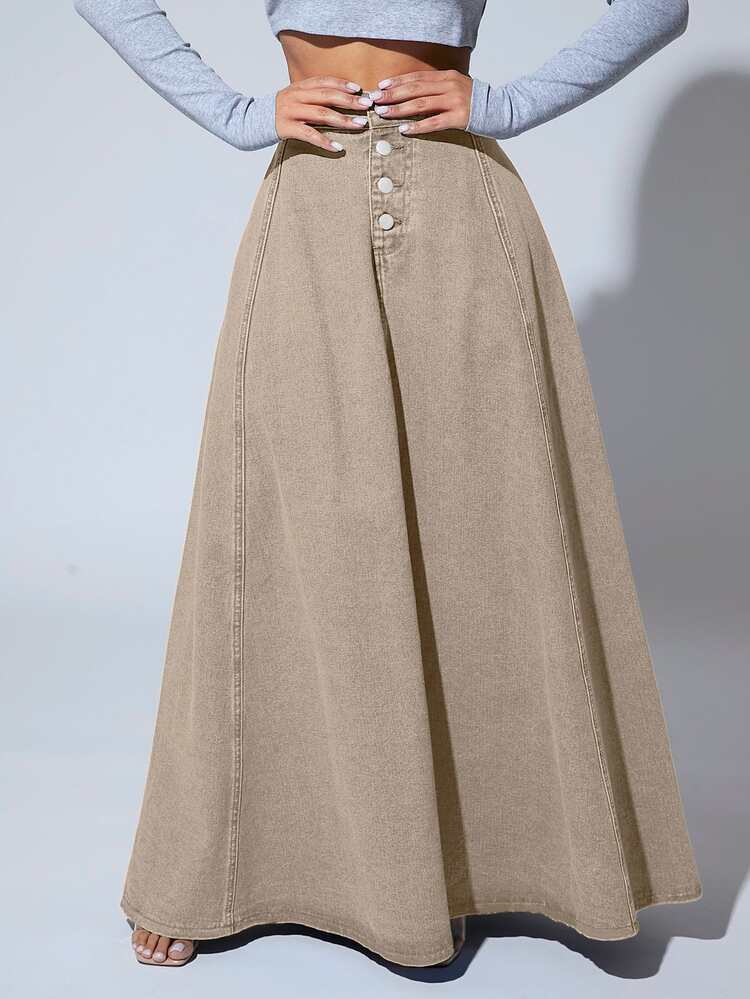 SHEIN SXY Solid Color Front Button Closure Elegant Work Wear Long Denim A-Line Skirt - Apricot - View 3