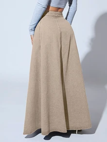 SHEIN SXY Solid Color Front Button Closure Elegant Work Wear Long Denim A-Line Skirt - Apricot - View 2