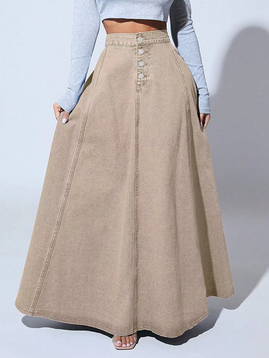 SHEIN SXY Solid Color Front Button Closure Elegant Work Wear Long Denim A-Line Skirt - Apricot - View 1