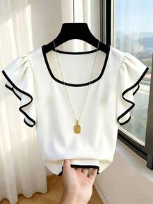 SHEIN Franclia French Sweet Cute Premium White Ruffle Trim Cap Sleeve Contrast Black Slim Fit Flattering Square Neck Shoulder Design Niche Flutter Sleeve Women's T-Shirt - White - View 3